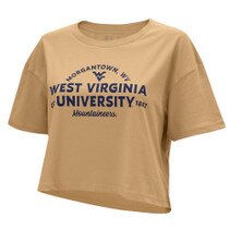 Vintage gold WVU crop top with a West Virginia University banner full front screen print